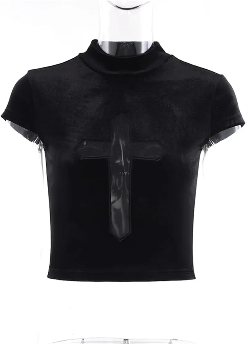 Gothic Crop Top for Women Goth Fairy Grunge Tank Tops Punk T-Shirt Streetwear Workout Tees Emo Blouse