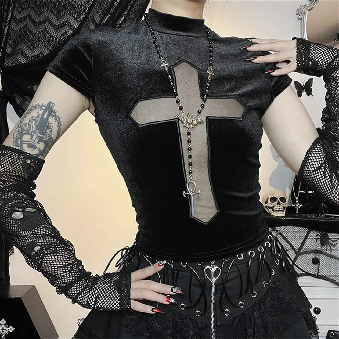 Gothic Crop Top for Women Goth Fairy Grunge Tank Tops Punk T-Shirt Streetwear Workout Tees Emo Blouse
