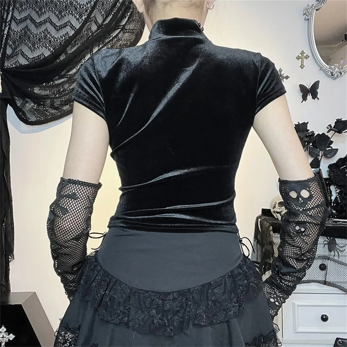 Gothic Crop Top for Women Goth Fairy Grunge Tank Tops Punk T-Shirt Streetwear Workout Tees Emo Blouse
