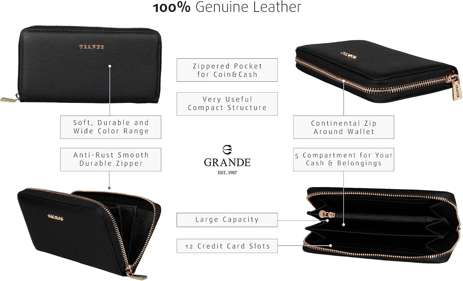 grande 2700 Genuine Leather Zip Around Continental Women Wallet Ladies Zippered Mini Purse - Black