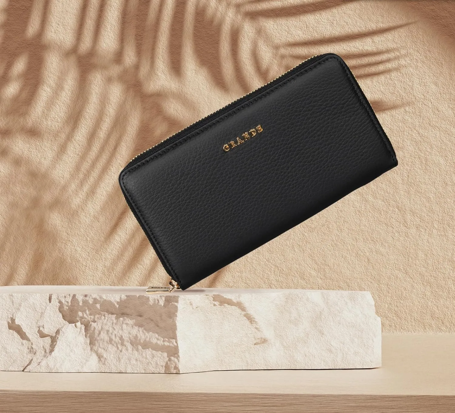 grande 2700 Genuine Leather Zip Around Continental Women Wallet Ladies Zippered Mini Purse - Black