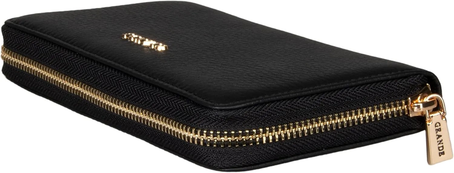 grande 2700 Genuine Leather Zip Around Continental Women Wallet Ladies Zippered Mini Purse - Black