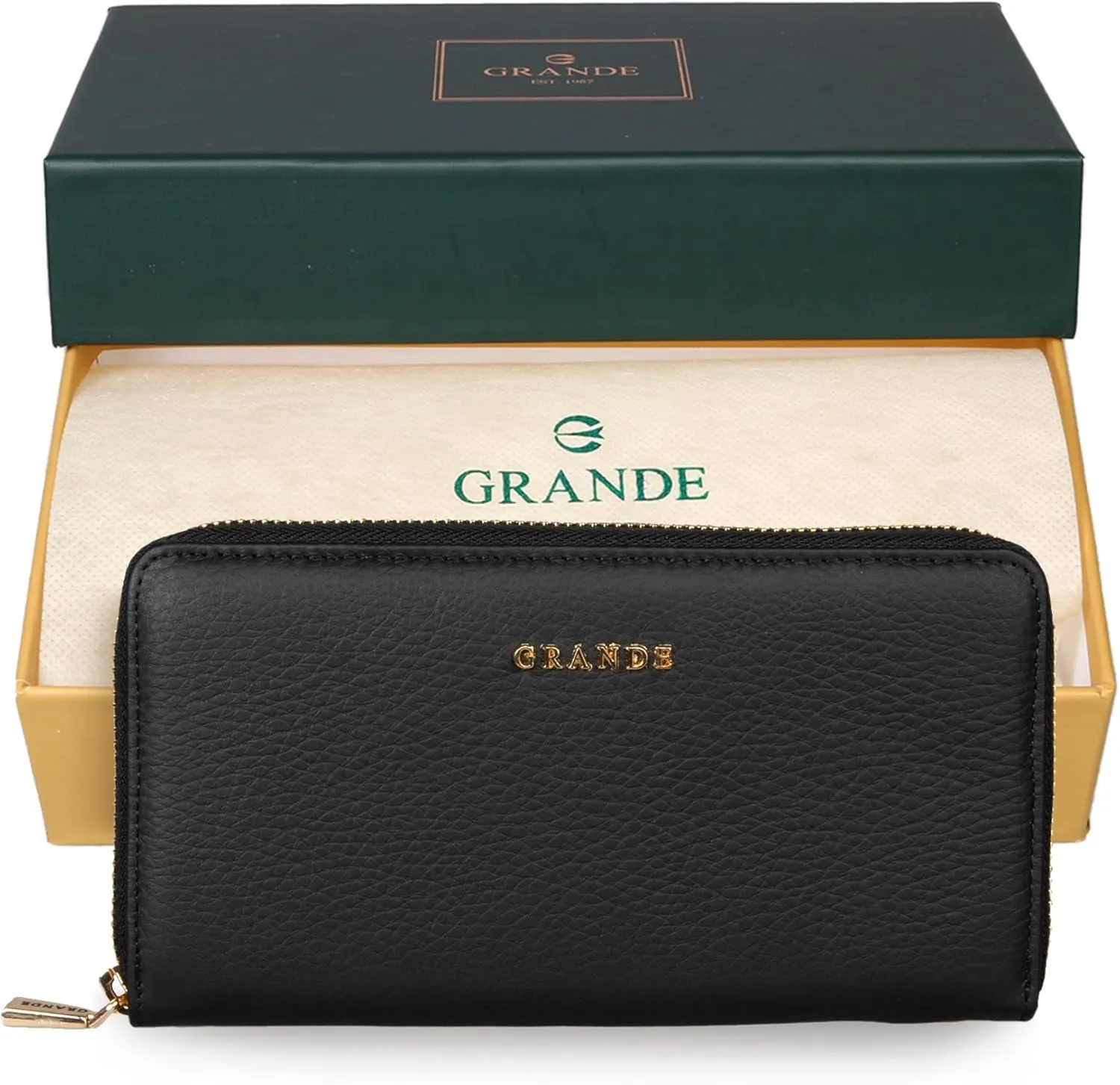 grande 2700 Genuine Leather Zip Around Continental Women Wallet Ladies Zippered Mini Purse - Black
