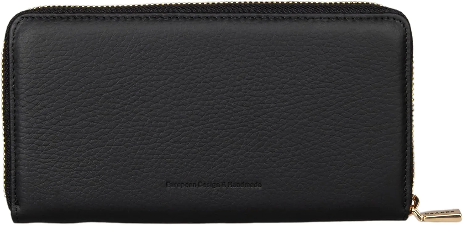 grande 2700 Genuine Leather Zip Around Continental Women Wallet Ladies Zippered Mini Purse - Black