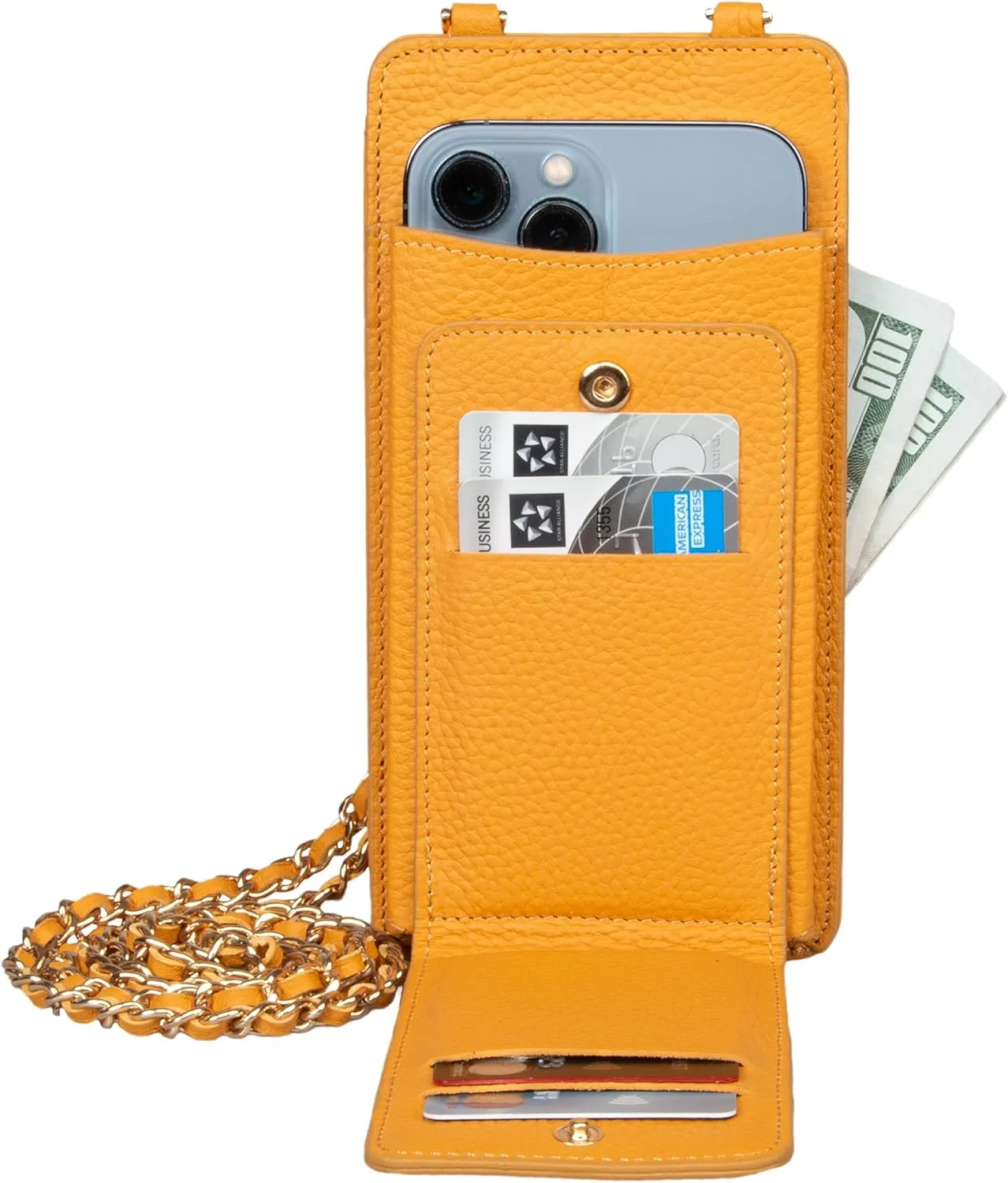 grande 2783 Genuine Leather Small Crossbody Cell Phone Bag for Women, Shoulder Wallet Chain Purse with Credit Card Slot (Yellow)