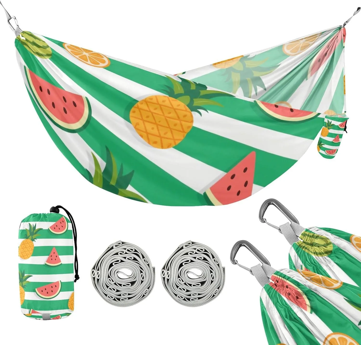 Green White Striped Summer Fruit 330lb Capacity Outdoor Hammocks with Portabl Carry Bag Fabric Hammock for Camping Travel Accessories hamaca con Base para adultos