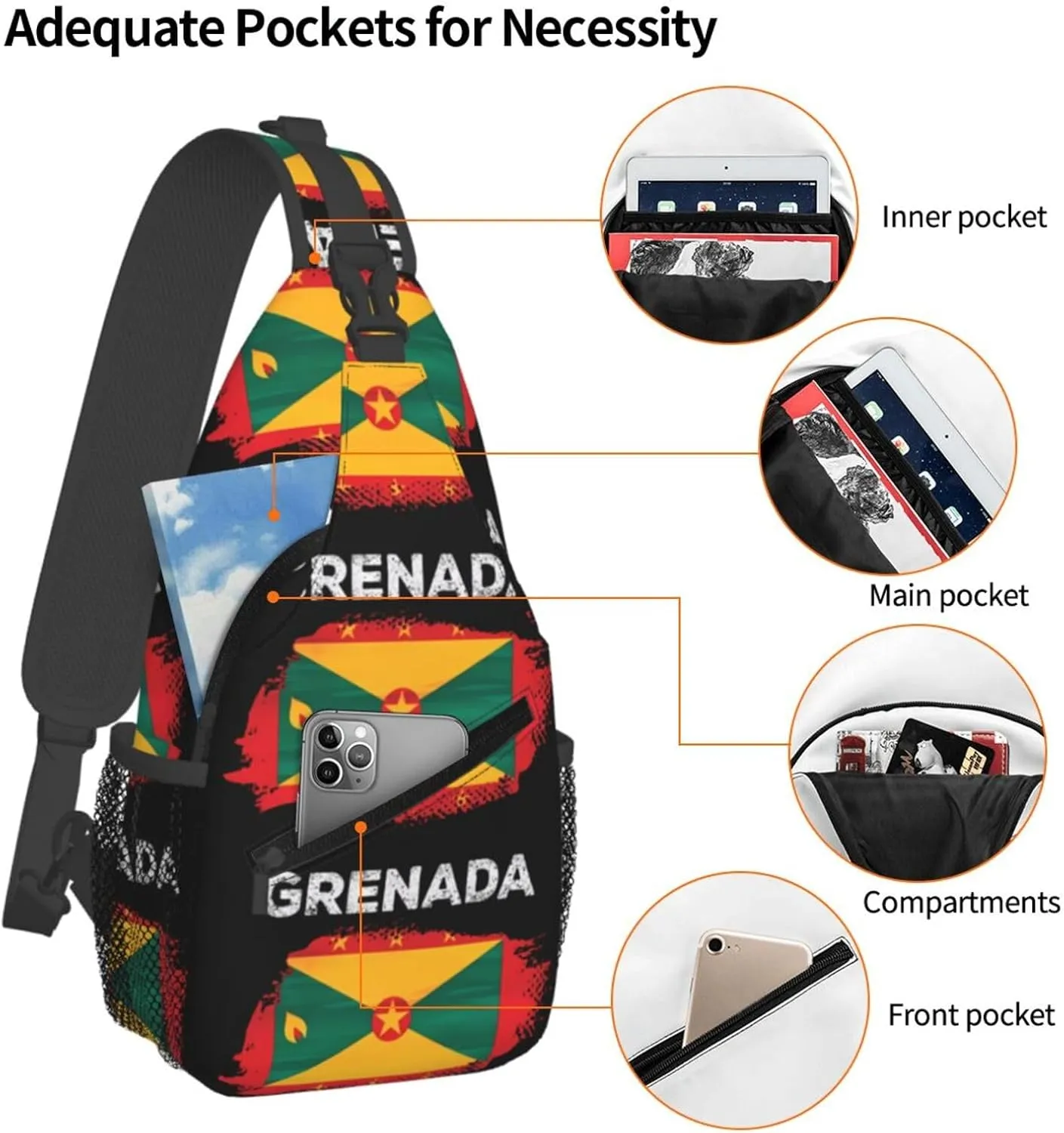 Grenada Flag Grenadian Proud Roots Crossbody Bag Cross Chest Bag Adjustable Sling Backpack Sports Gym Shoulder Bags Travel Cycling Daypack Diagonally Casual Rucksack