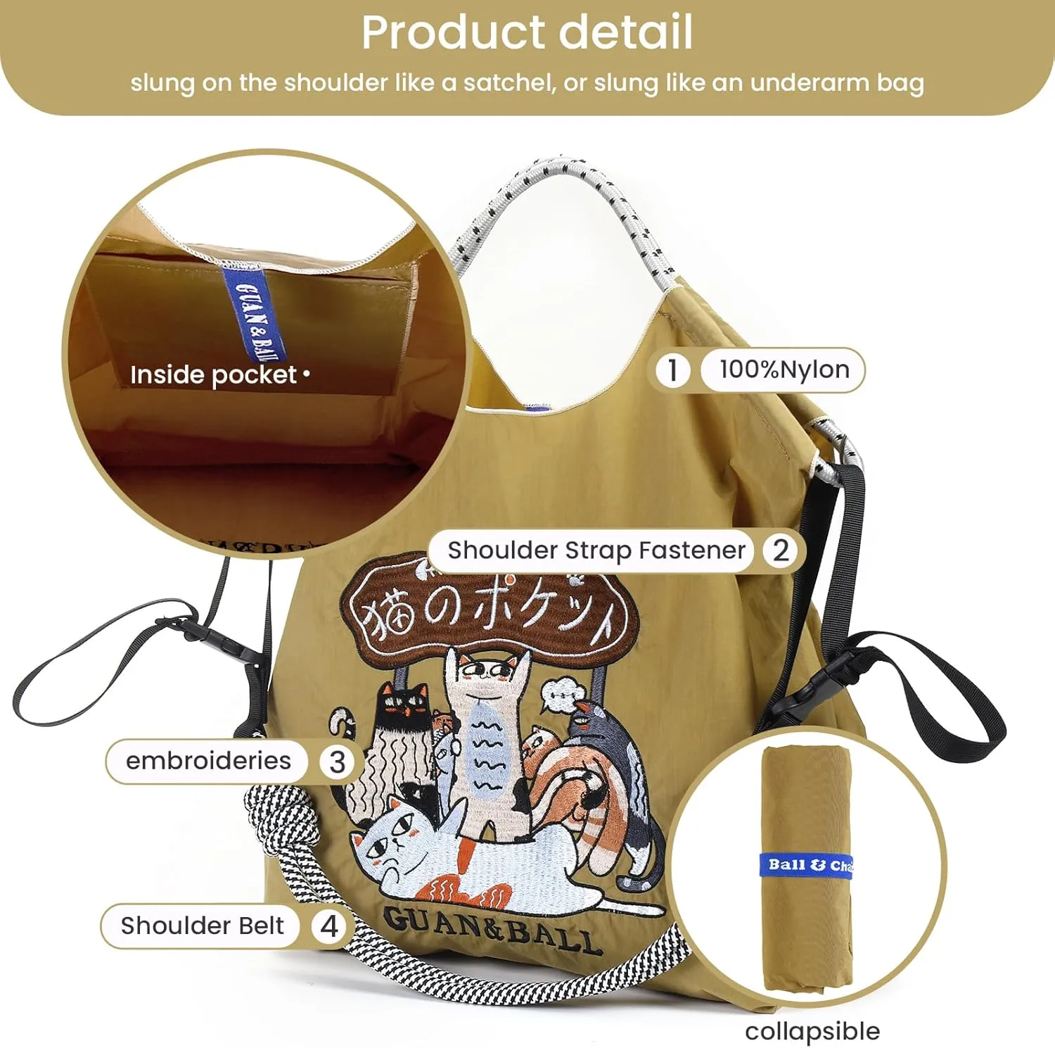 Guan&Ball The Lady Tote bag, waterproof nylon bag with lamb embroidery pattern, is the perfect companion for travel