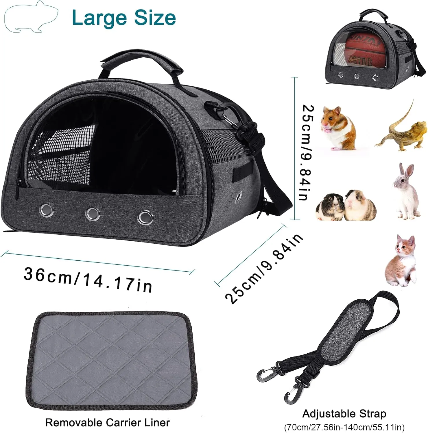 Guinea Pig Carrier, Small Pet Hamster Carrier Bag, Rabbit Bunny Travel Carrier Outdoor Handbag, Breathable Carrier for Small Animals with Water Bottle Holder & Removable Liner (Grey-Large)