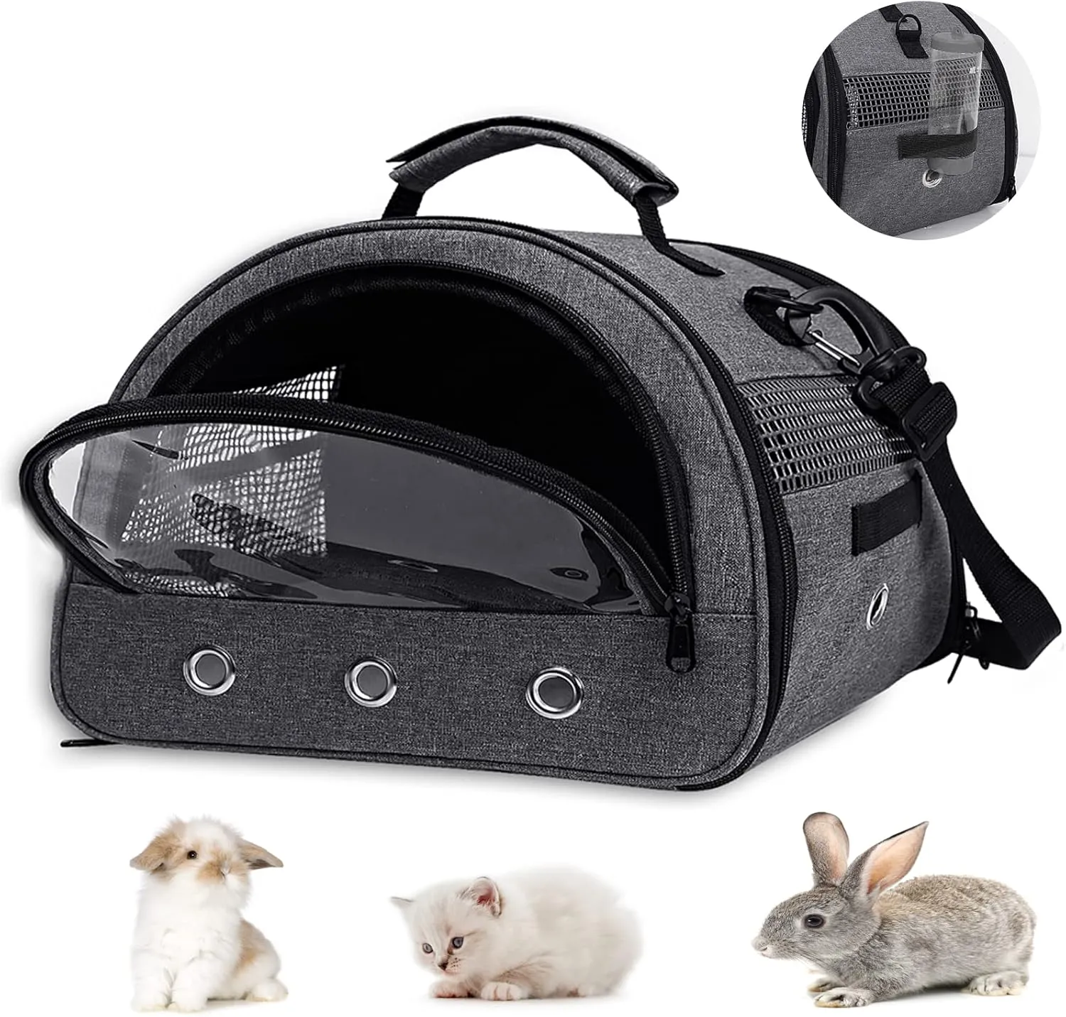 Guinea Pig Carrier, Small Pet Hamster Carrier Bag, Rabbit Bunny Travel Carrier Outdoor Handbag, Breathable Carrier for Small Animals with Water Bottle Holder & Removable Liner (Grey-Large)