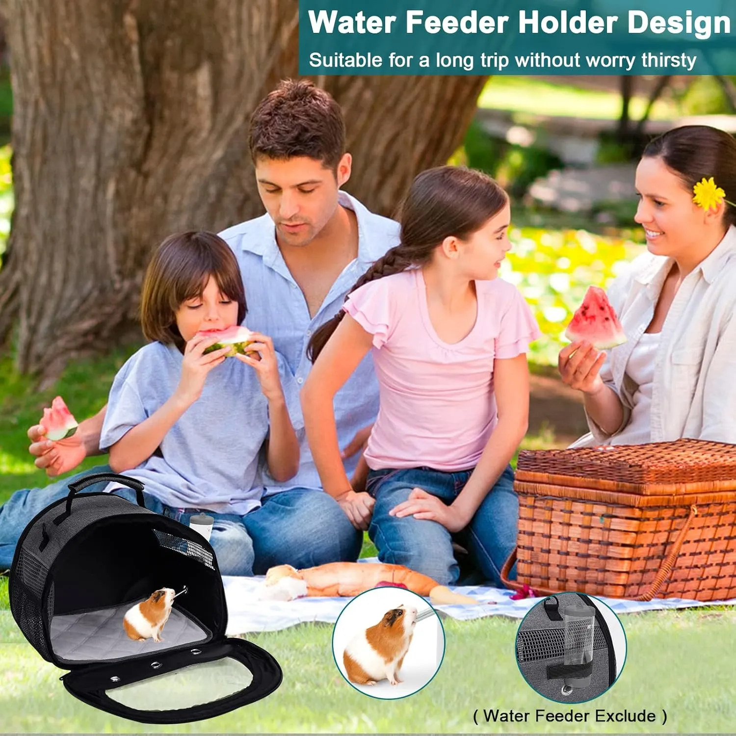 Guinea Pig Carrier, Small Pet Hamster Carrier Bag, Rabbit Bunny Travel Carrier Outdoor Handbag, Breathable Carrier for Small Animals with Water Bottle Holder & Removable Liner (Grey)