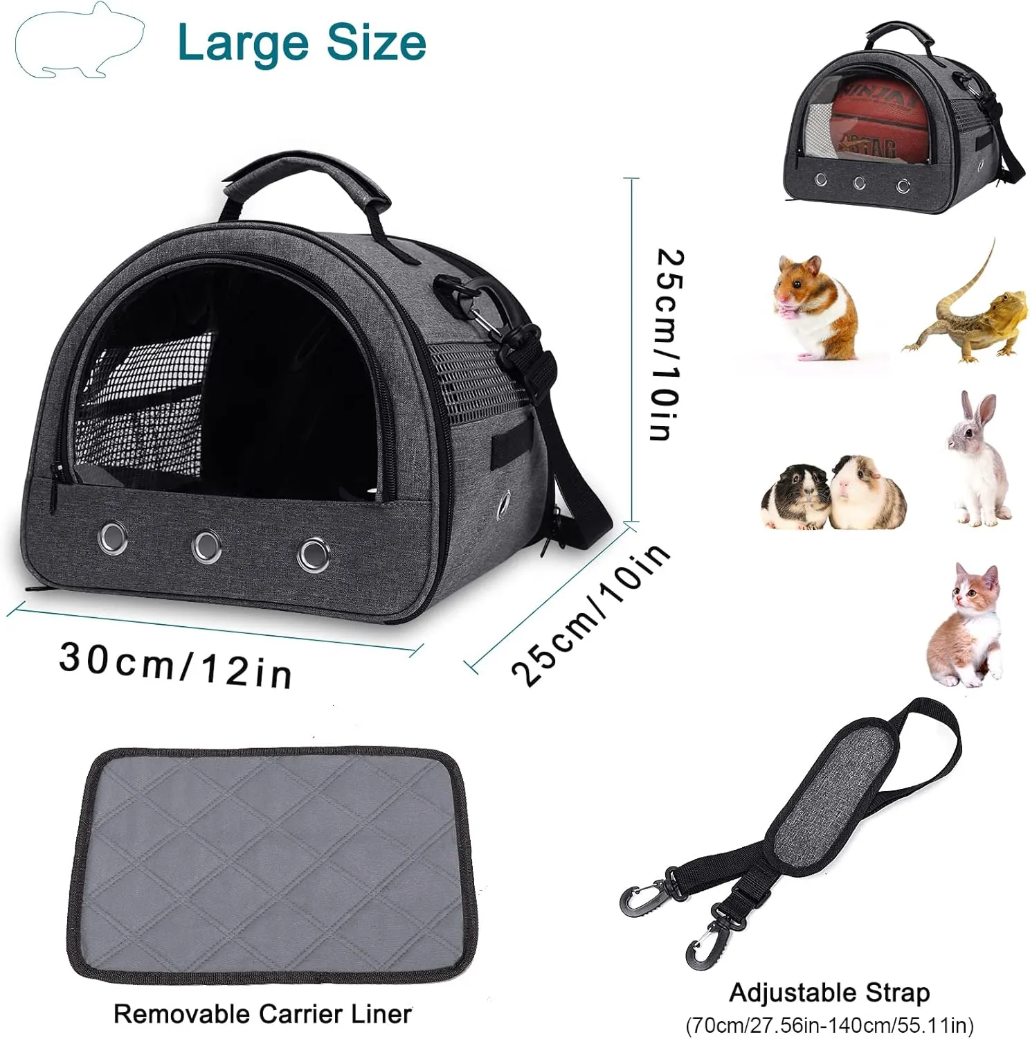 Guinea Pig Carrier, Small Pet Hamster Carrier Bag, Rabbit Bunny Travel Carrier Outdoor Handbag, Breathable Carrier for Small Animals with Water Bottle Holder & Removable Liner (Grey)