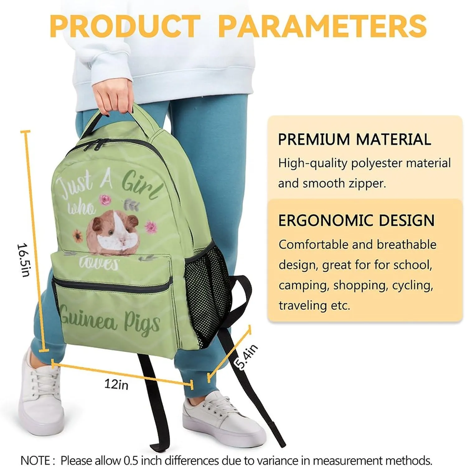 Guinea Pig Girls Backpack for School, 16 Inch Green Backpacks for Kids, Cute Lightweight Bookbag for Travel