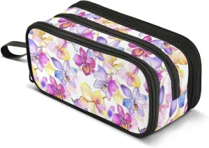 GuoChe Wildflower Orchid Flower Nylon Pencil Bags With Zipper Large Capacity Pencil Case With Compartments School Stationery for School Women