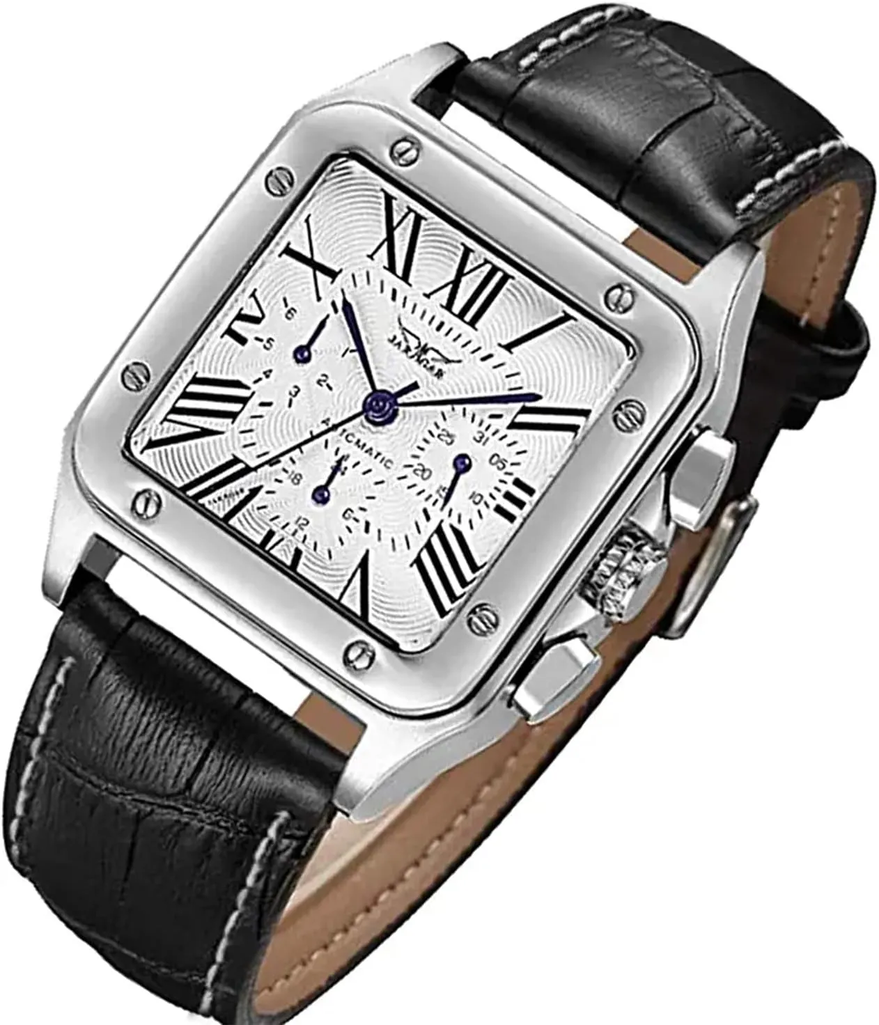 Gute Mens Watches, Mechanical Calendar Automatic Self-Winding Roman Numeral PU Leather Wrist Watch with Blue Hands