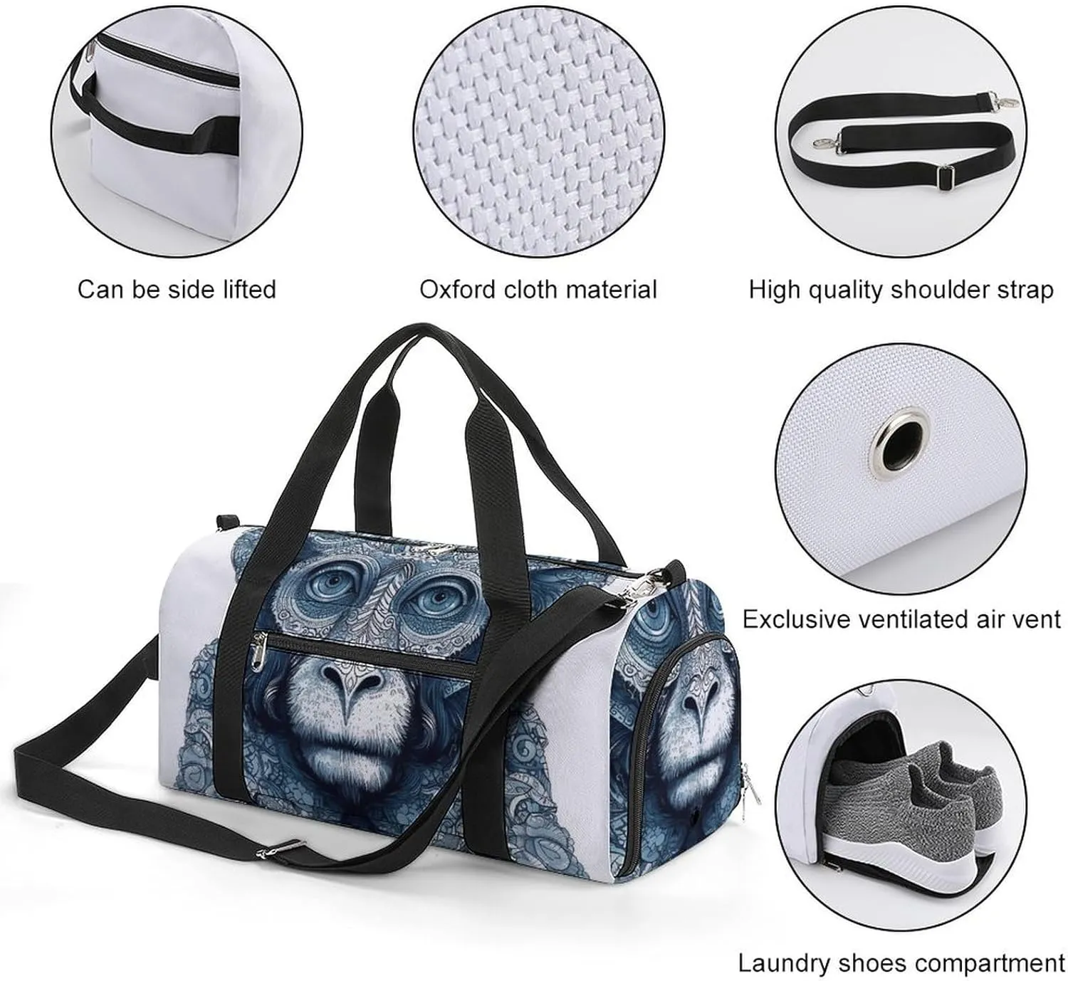 Gym Bag Blue Monkey Pattern Duffel Bag for Men Women Travel Overnight Bag with Shoe Compartment Workout Bags