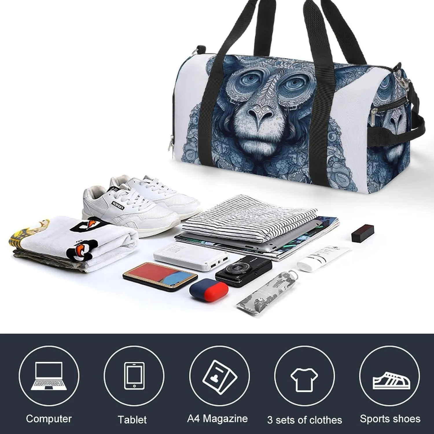Gym Bag Blue Monkey Pattern Duffel Bag for Men Women Travel Overnight Bag with Shoe Compartment Workout Bags