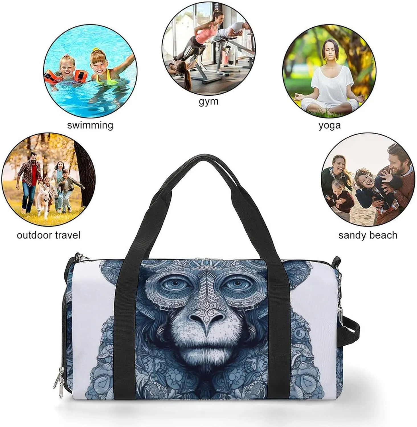 Gym Bag Blue Monkey Pattern Duffel Bag for Men Women Travel Overnight Bag with Shoe Compartment Workout Bags