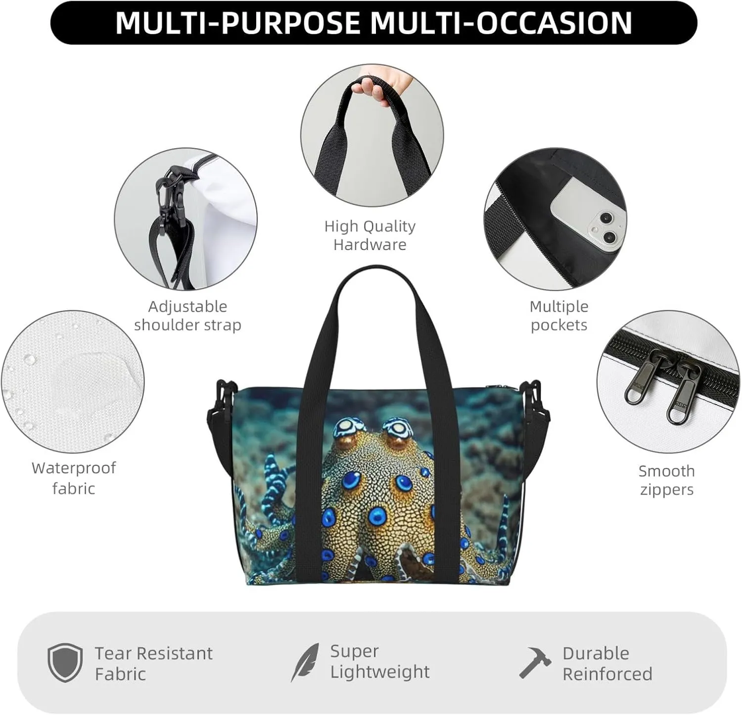 Gym Bag Blue Ringed Octopus5 Duffel Bag for Men Women Travel Overnight Bag with Shoe Compartment Workout Bags