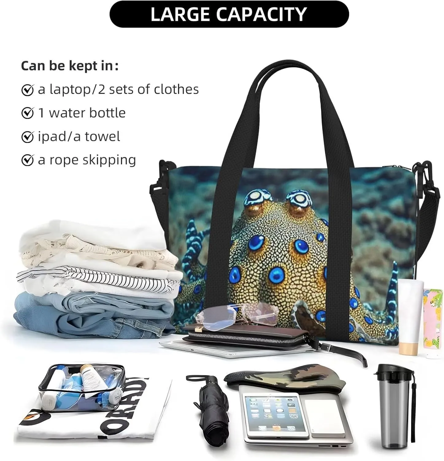 Gym Bag Blue Ringed Octopus5 Duffel Bag for Men Women Travel Overnight Bag with Shoe Compartment Workout Bags