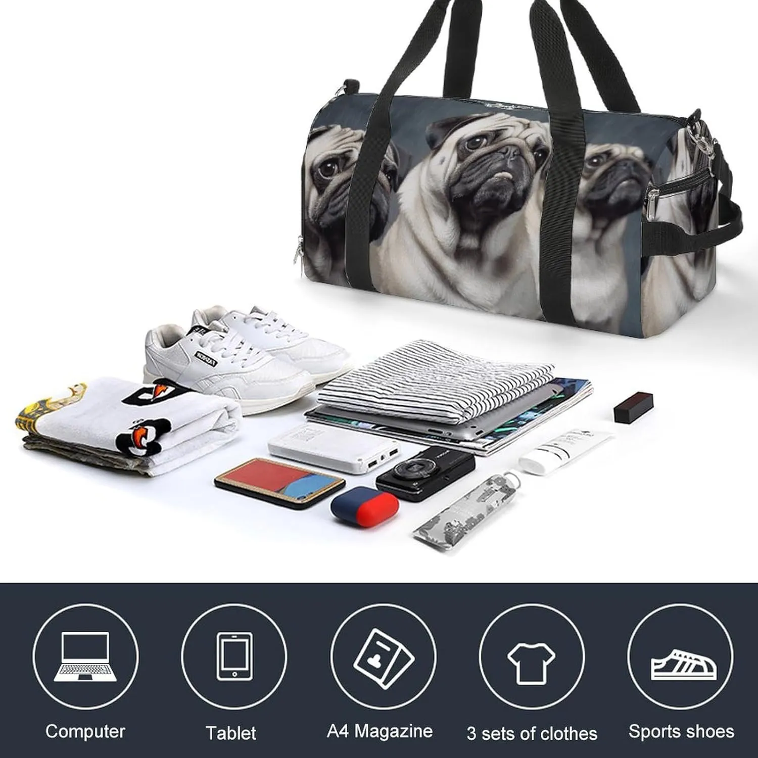 Gym Bag Funny Pug Dog Duffel Bag for Men Women Travel Overnight Bag with Shoe Compartment Workout Bags