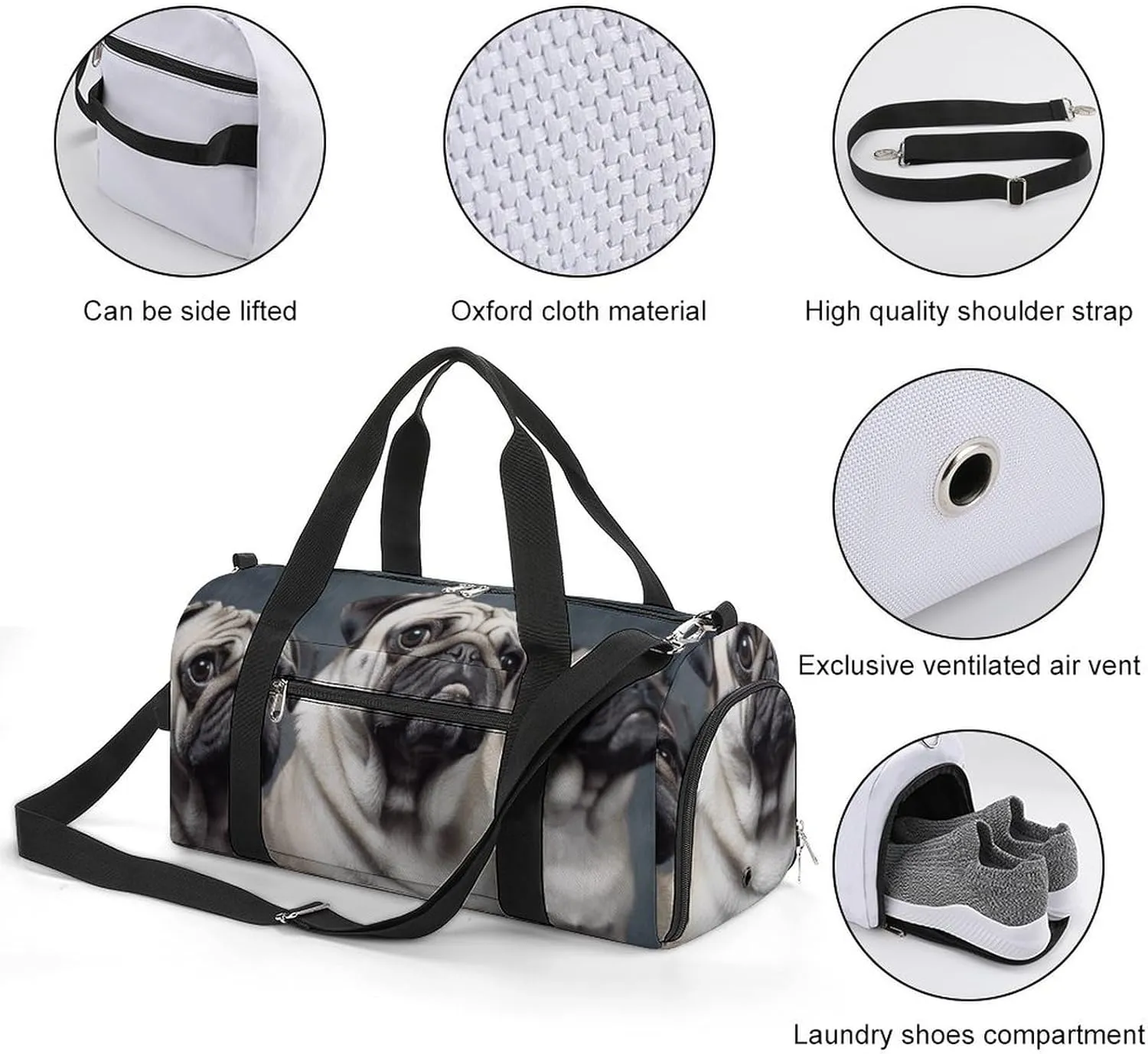 Gym Bag Funny Pug Dog Duffel Bag for Men Women Travel Overnight Bag with Shoe Compartment Workout Bags