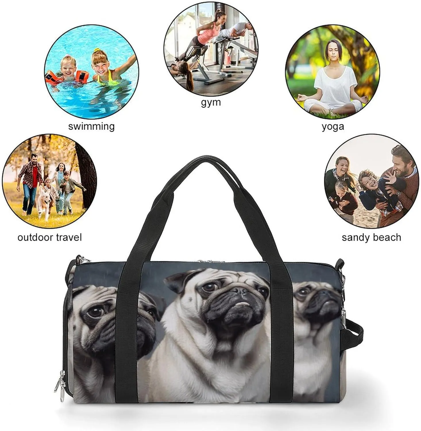 Gym Bag Funny Pug Dog Duffel Bag for Men Women Travel Overnight Bag with Shoe Compartment Workout Bags
