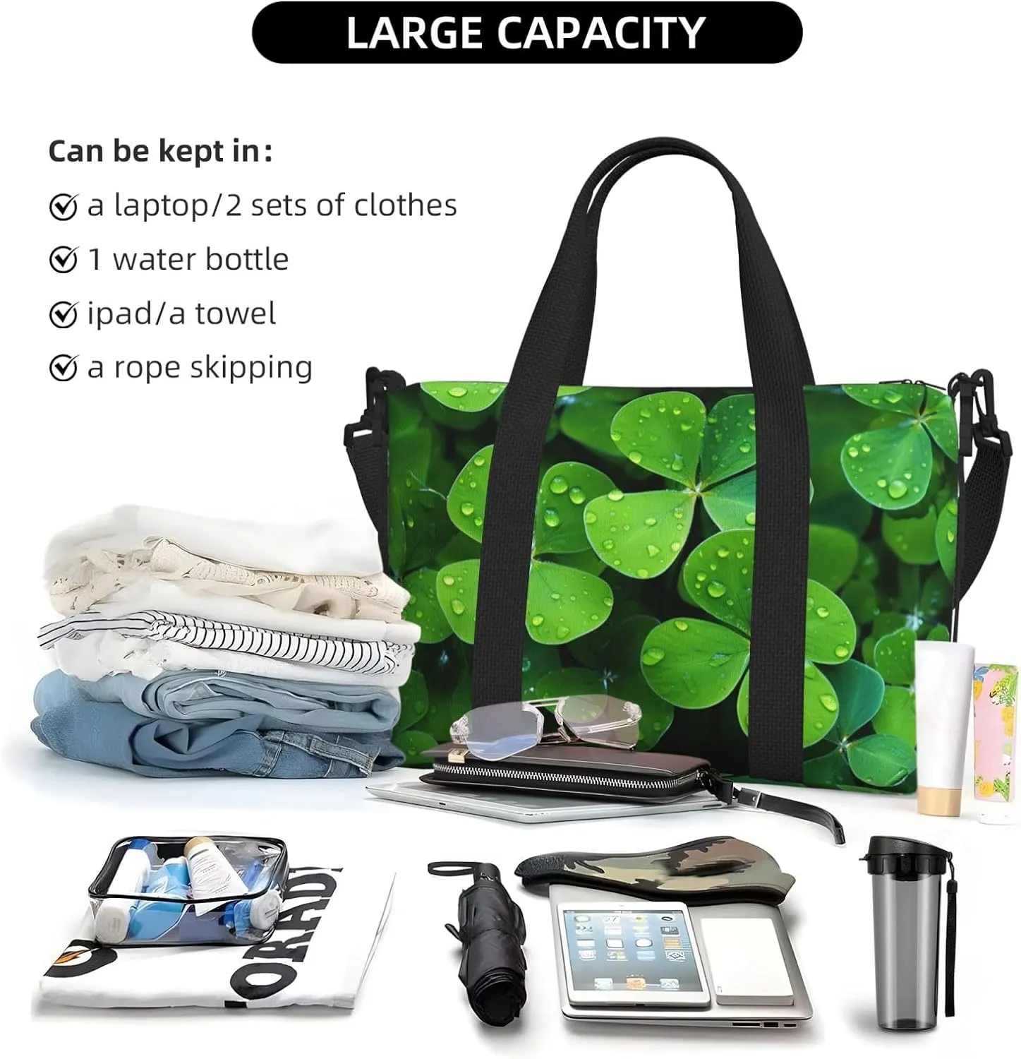 Gym Bag Many Green clover Duffel Bag for Men Women Travel Overnight Bag with Shoe Compartment Workout Bags