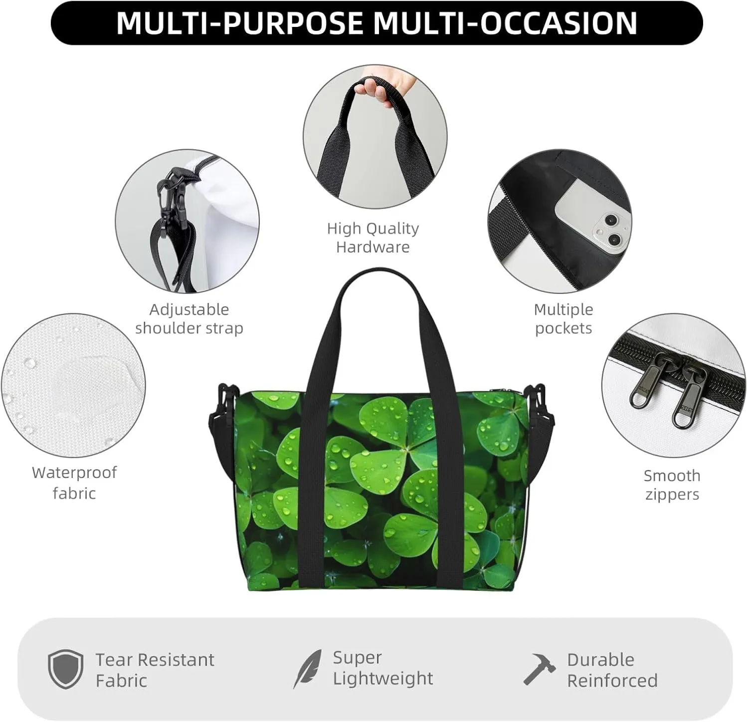 Gym Bag Many Green clover Duffel Bag for Men Women Travel Overnight Bag with Shoe Compartment Workout Bags