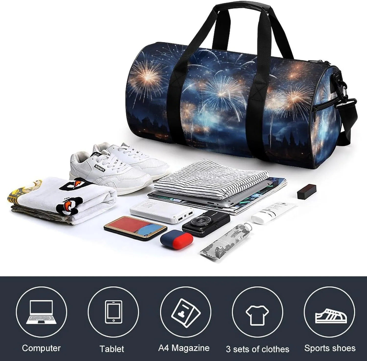 Gym Bag New Year Pyrotechnics Duffel Bag for Men Women Overnight Bag with Shoe Compartment Workout Bags