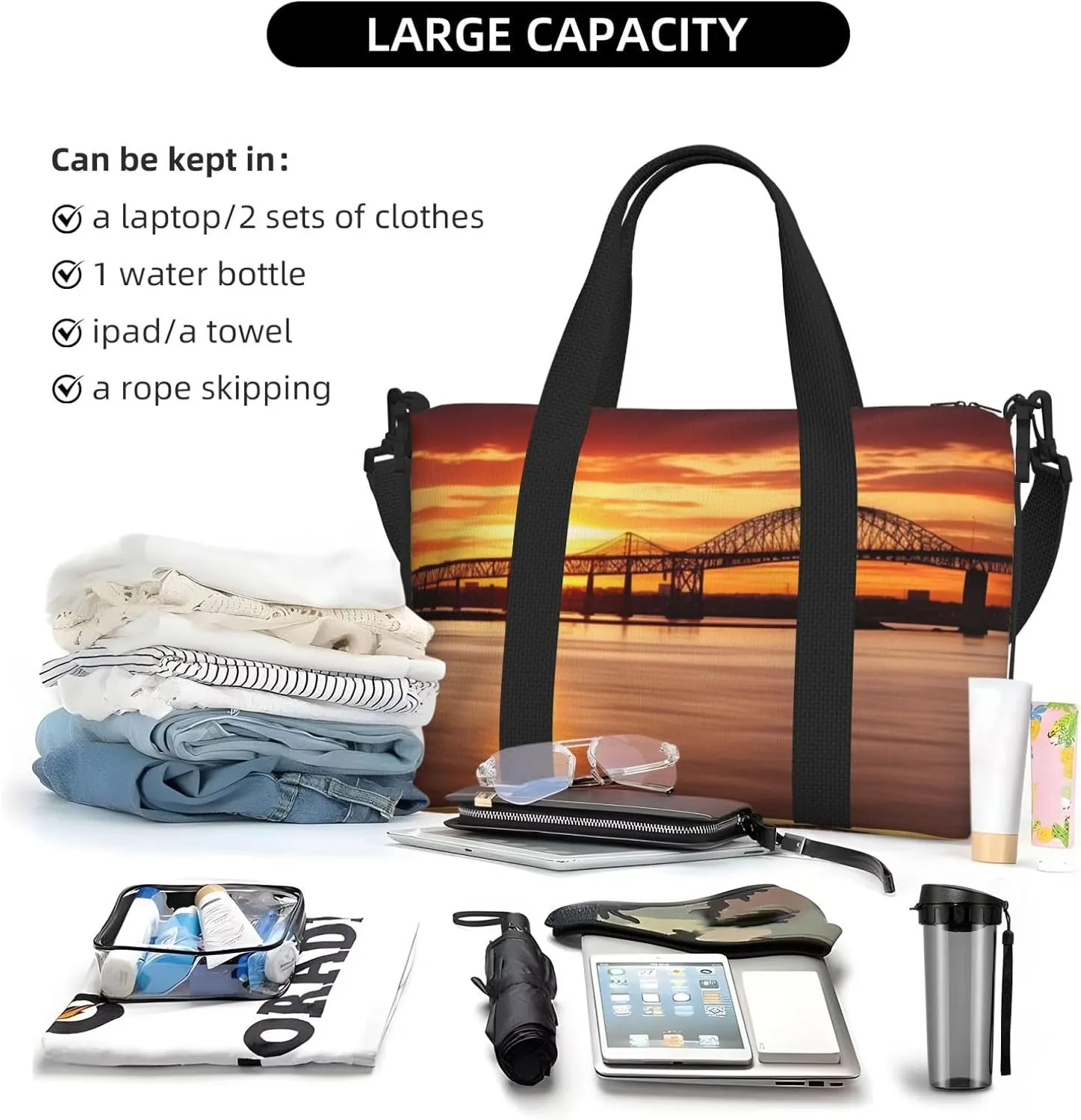 Gym Bag Newark Bay Bridge Duffel Bag for Men Women Travel Overnight Bag with Shoe Compartment Workout Bags