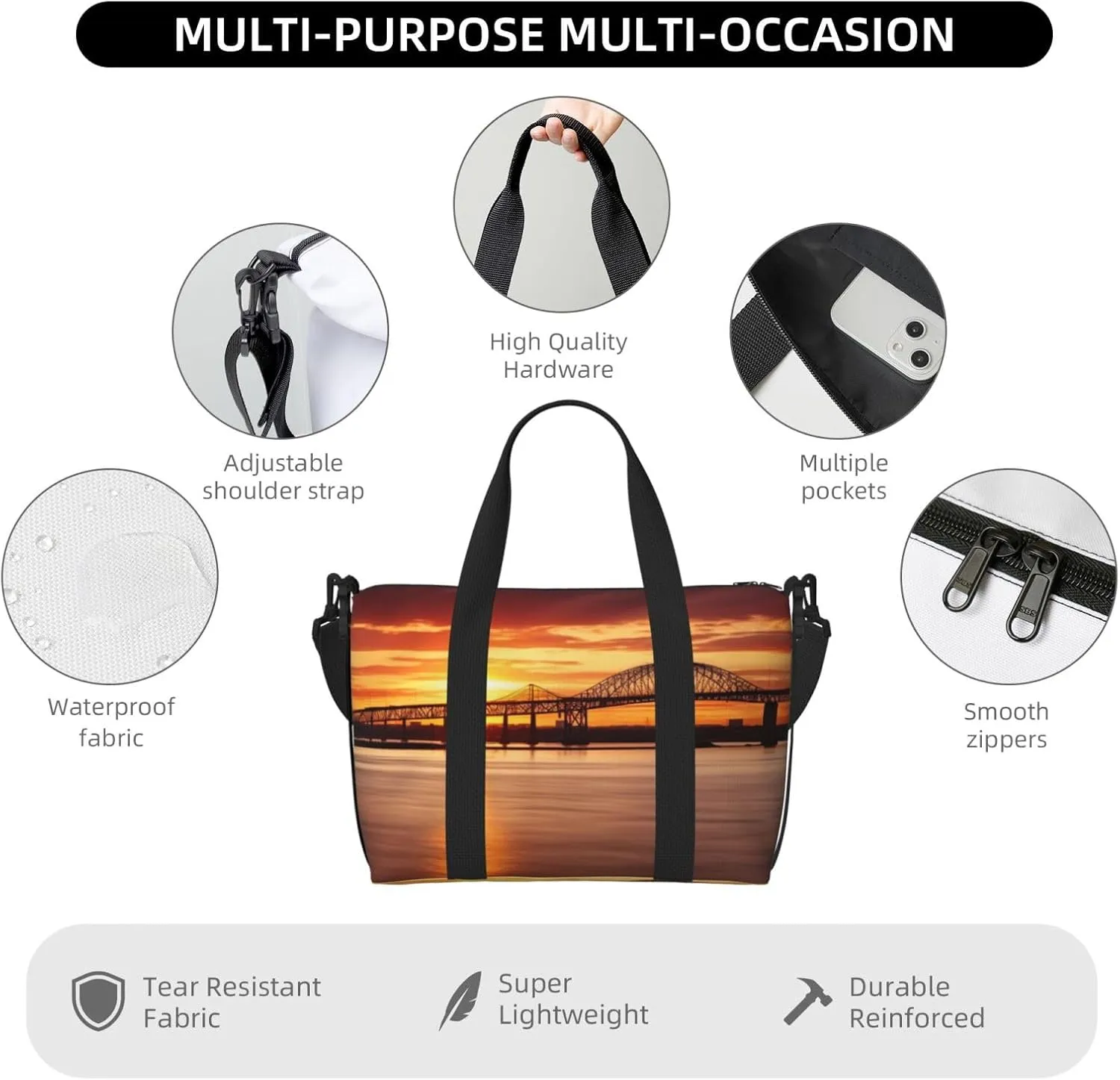 Gym Bag Newark Bay Bridge Duffel Bag for Men Women Travel Overnight Bag with Shoe Compartment Workout Bags