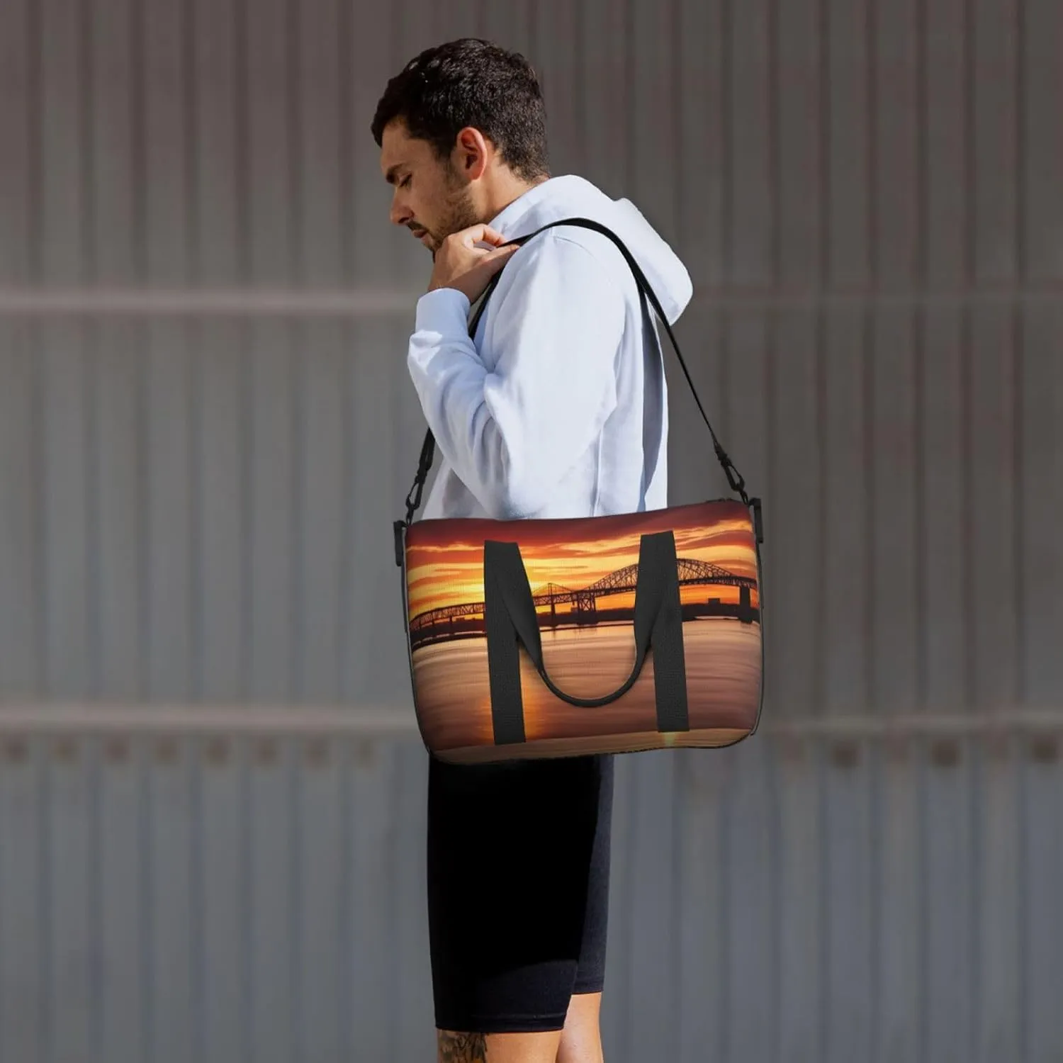 Gym Bag Newark Bay Bridge Duffel Bag for Men Women Travel Overnight Bag with Shoe Compartment Workout Bags