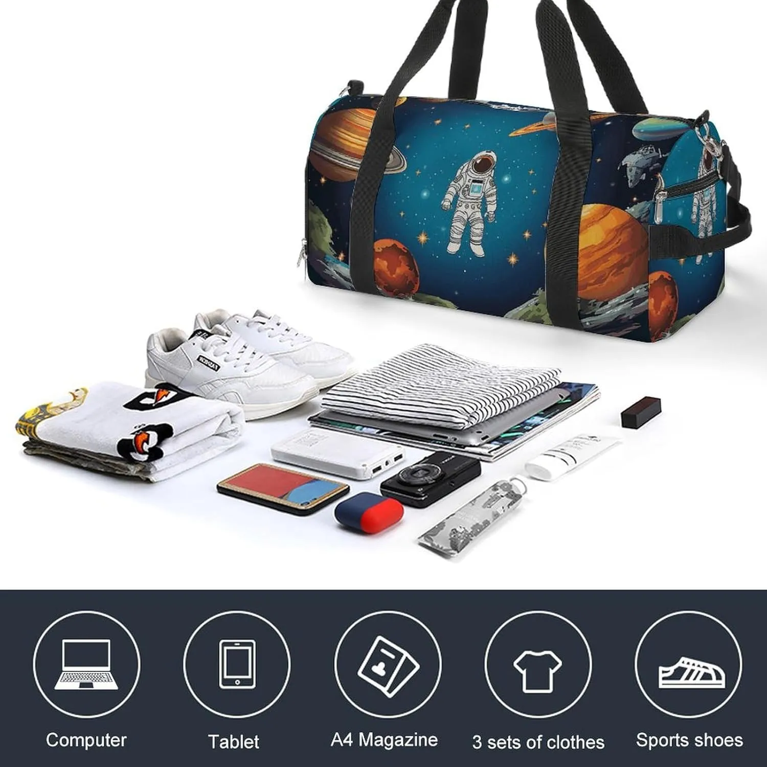 Gym Bag Outer Space Rocket Astronaut Duffel Bag for Men Women Travel Overnight Bag with Shoe Compartment Workout Bags