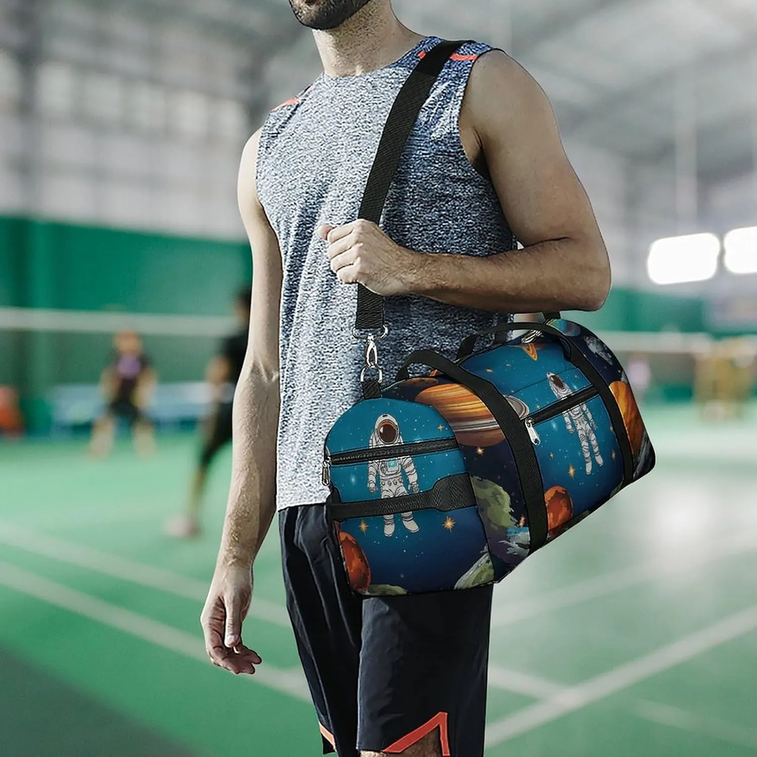 Gym Bag Outer Space Rocket Astronaut Duffel Bag for Men Women Travel Overnight Bag with Shoe Compartment Workout Bags