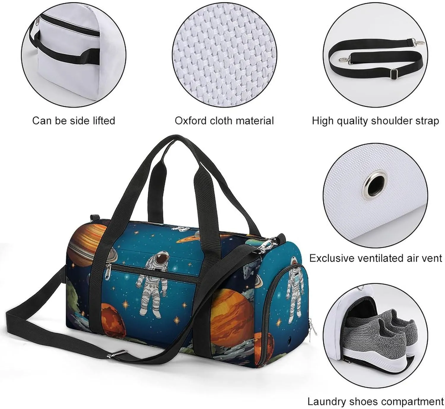 Gym Bag Outer Space Rocket Astronaut Duffel Bag for Men Women Travel Overnight Bag with Shoe Compartment Workout Bags
