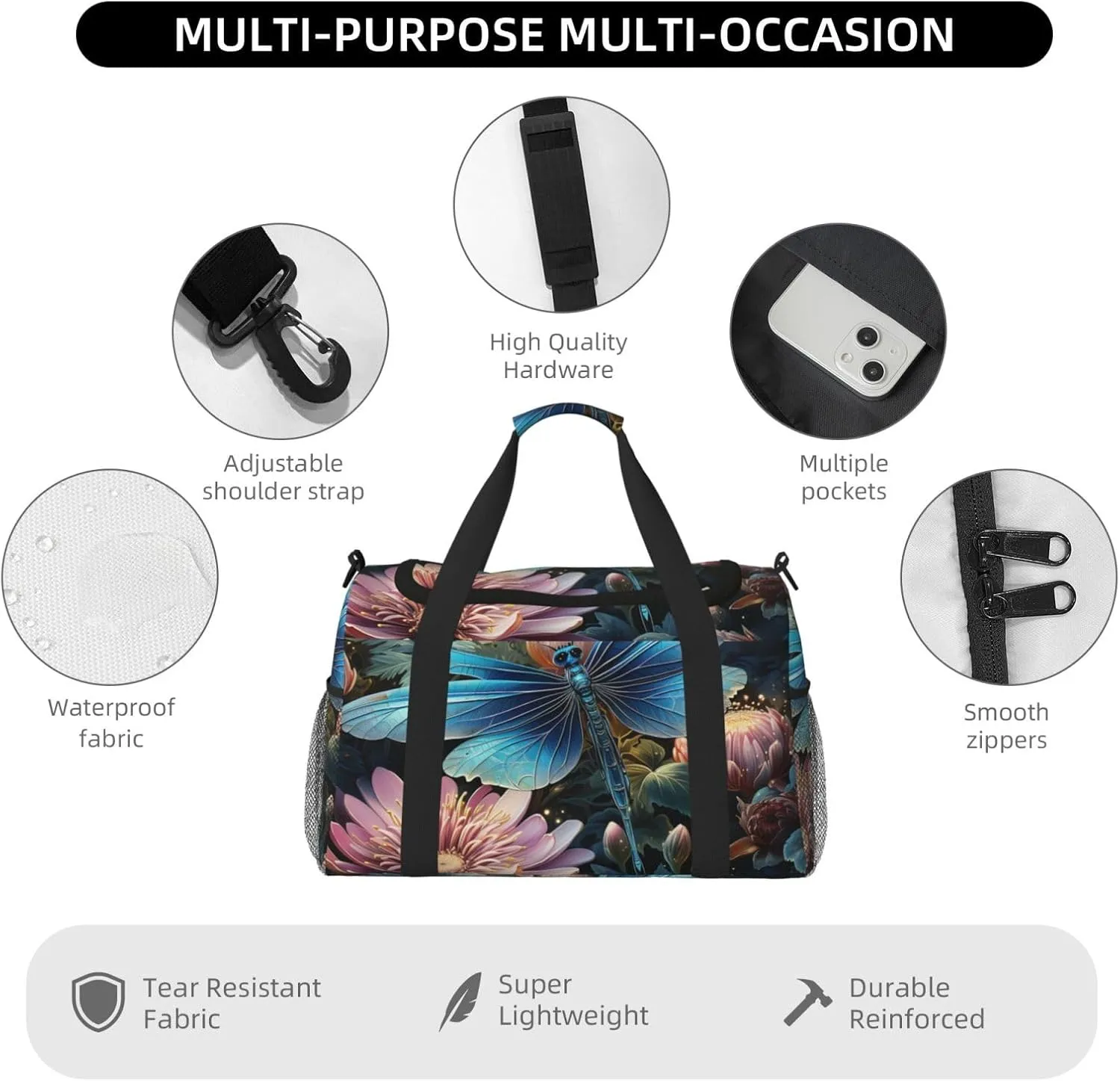 Gym Bag Water lily and dragonfly Duffel Bag for Men Women Travel Overnight Bag with Shoe Compartment Workout Bags