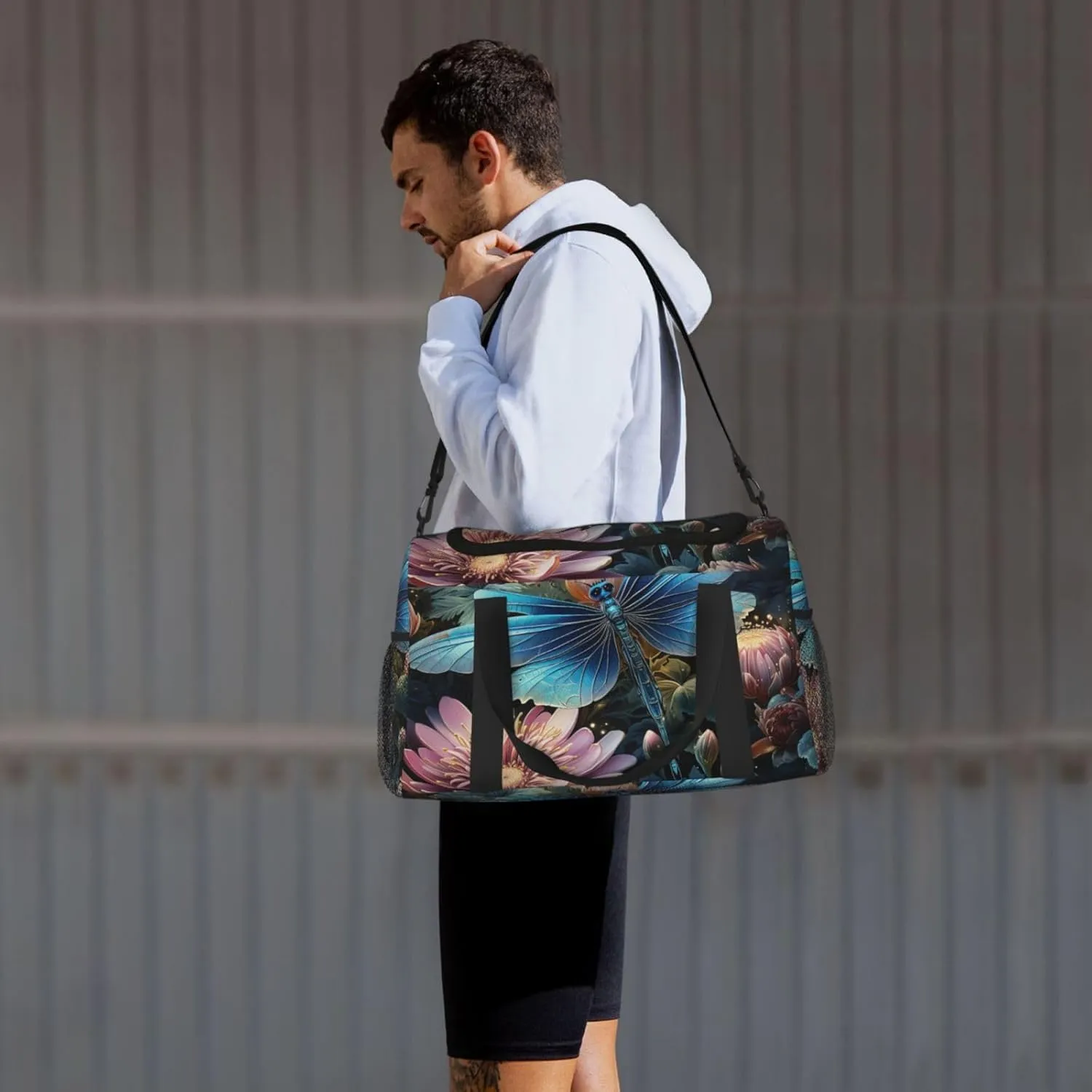 Gym Bag Water lily and dragonfly Duffel Bag for Men Women Travel Overnight Bag with Shoe Compartment Workout Bags