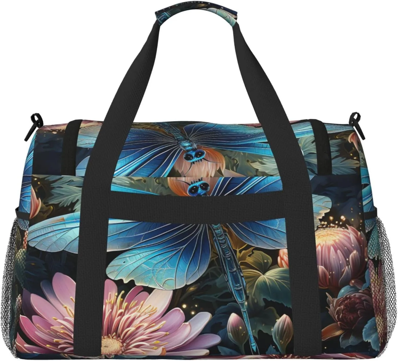 Gym Bag Water lily and dragonfly Duffel Bag for Men Women Travel Overnight Bag with Shoe Compartment Workout Bags
