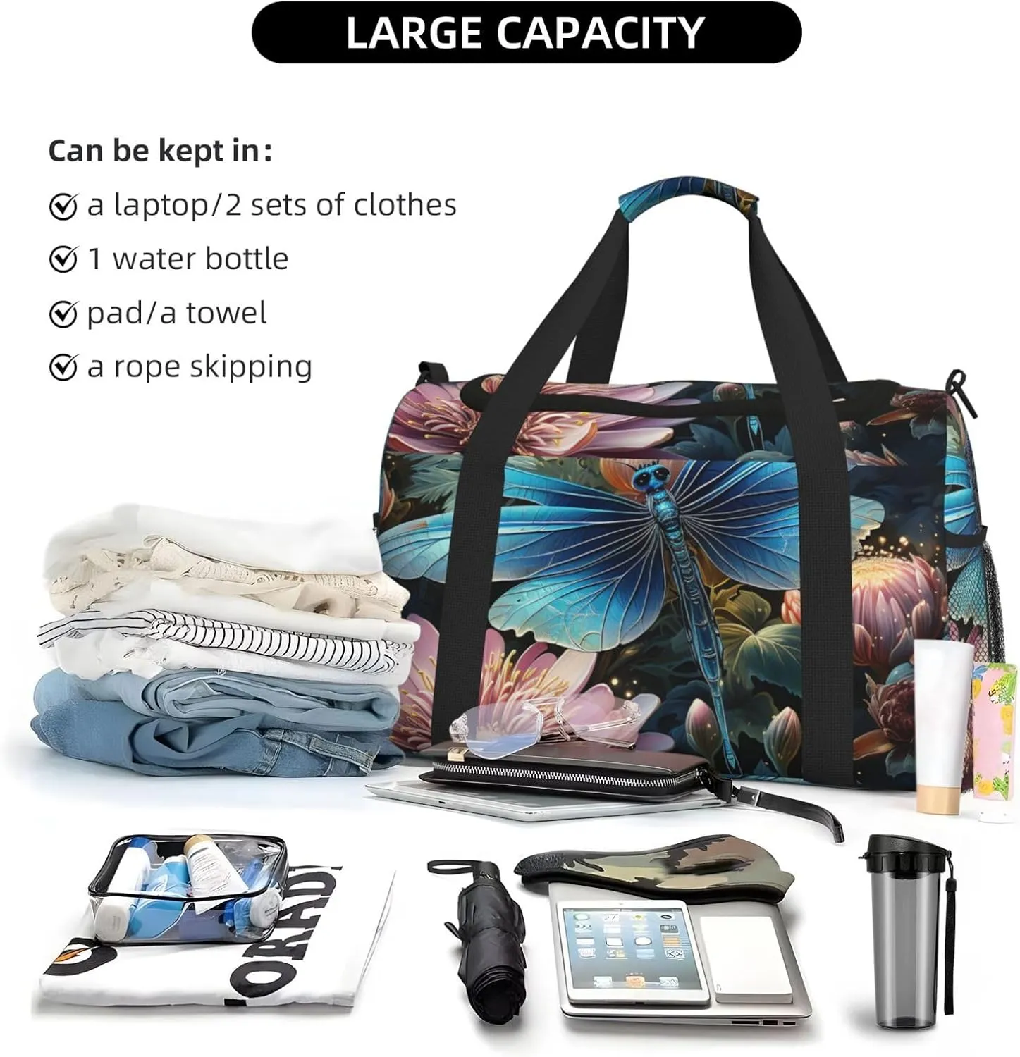 Gym Bag Water lily and dragonfly Duffel Bag for Men Women Travel Overnight Bag with Shoe Compartment Workout Bags