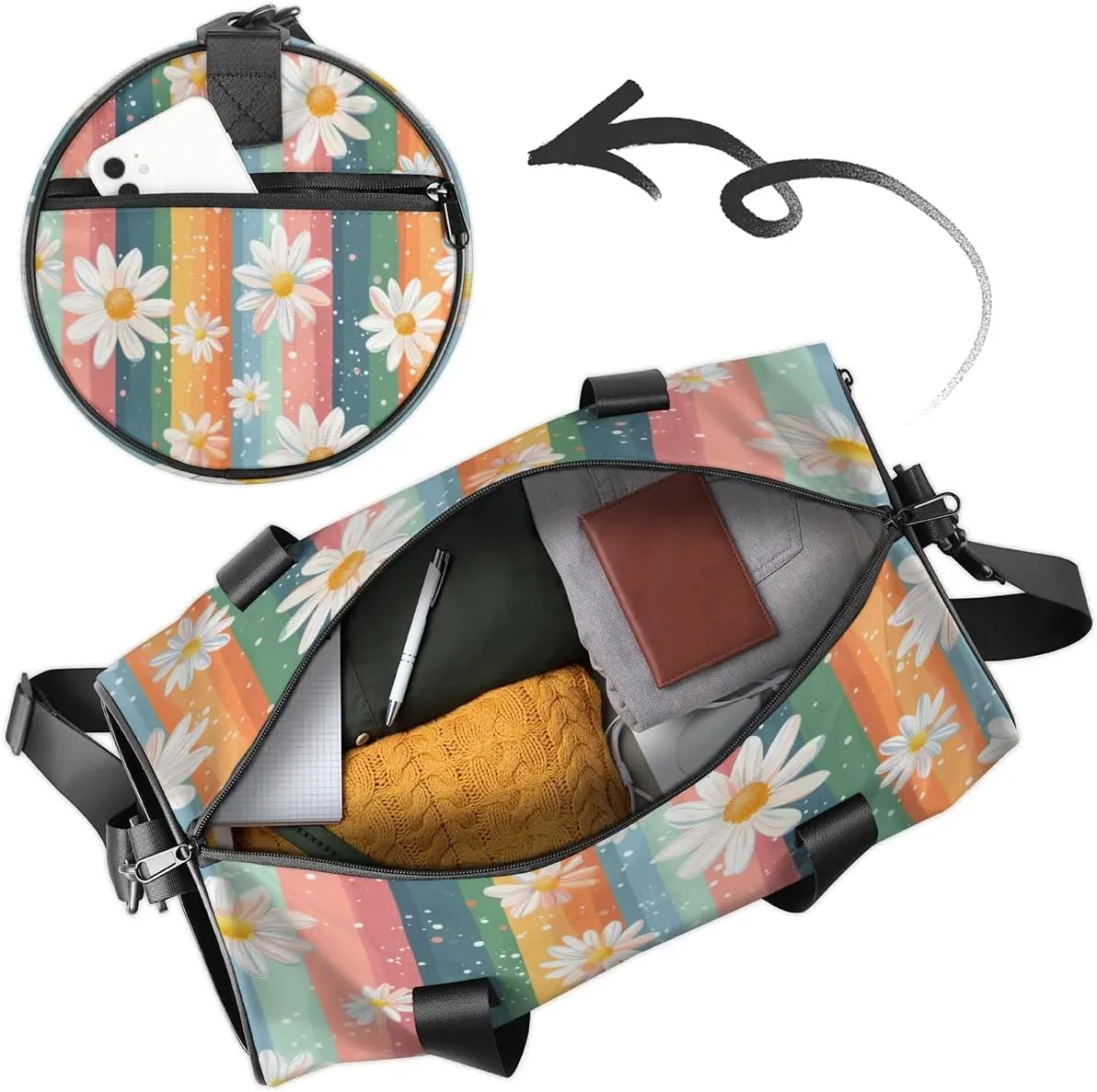 Gym Bags for Men Women Daisy Rainbow Sports Duffel Bags Carry On Travel Duffle Bag with Detachable Adjustable Shoulder Strap Overnight Weekender Bag