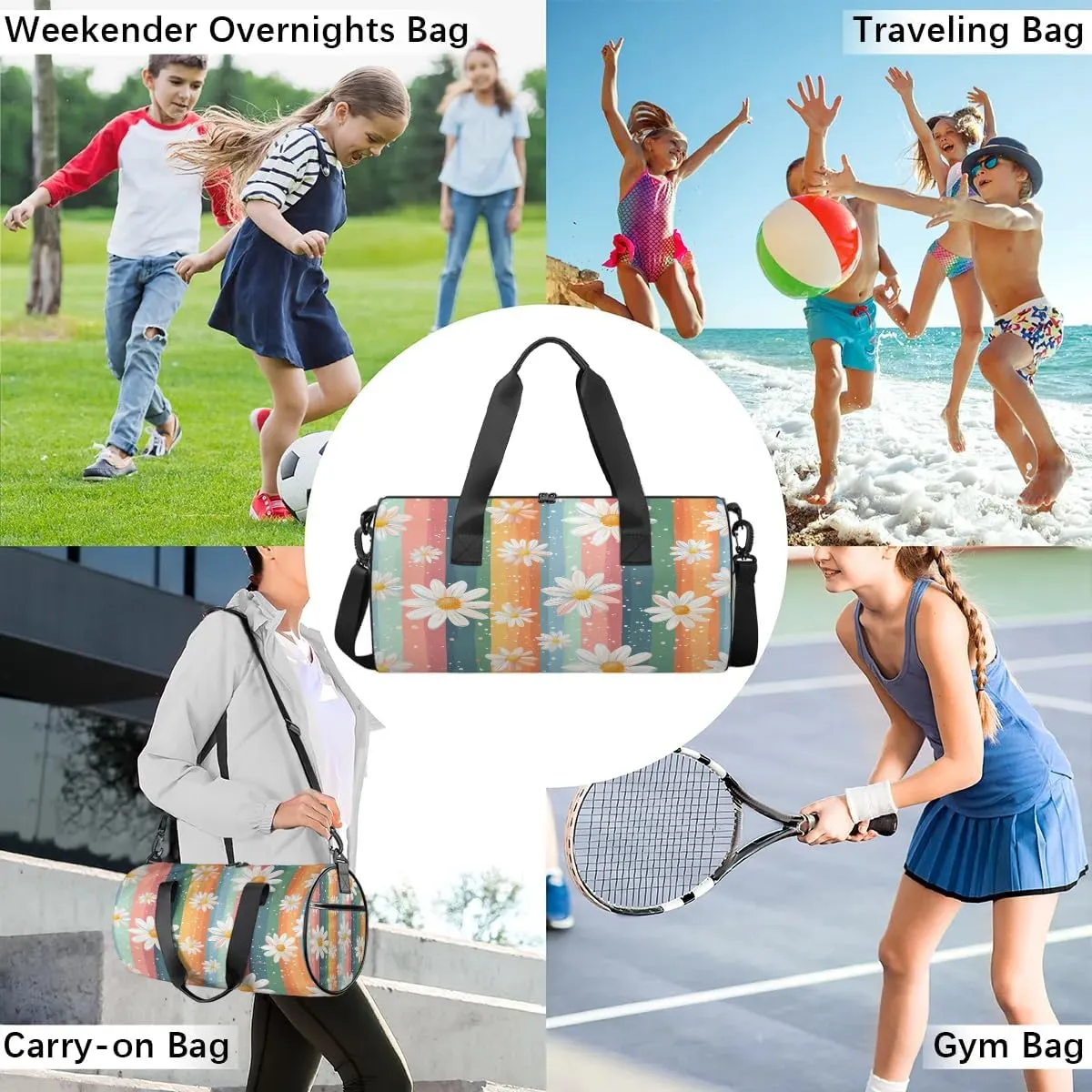 Gym Bags for Men Women Daisy Rainbow Sports Duffel Bags Carry On Travel Duffle Bag with Detachable Adjustable Shoulder Strap Overnight Weekender Bag