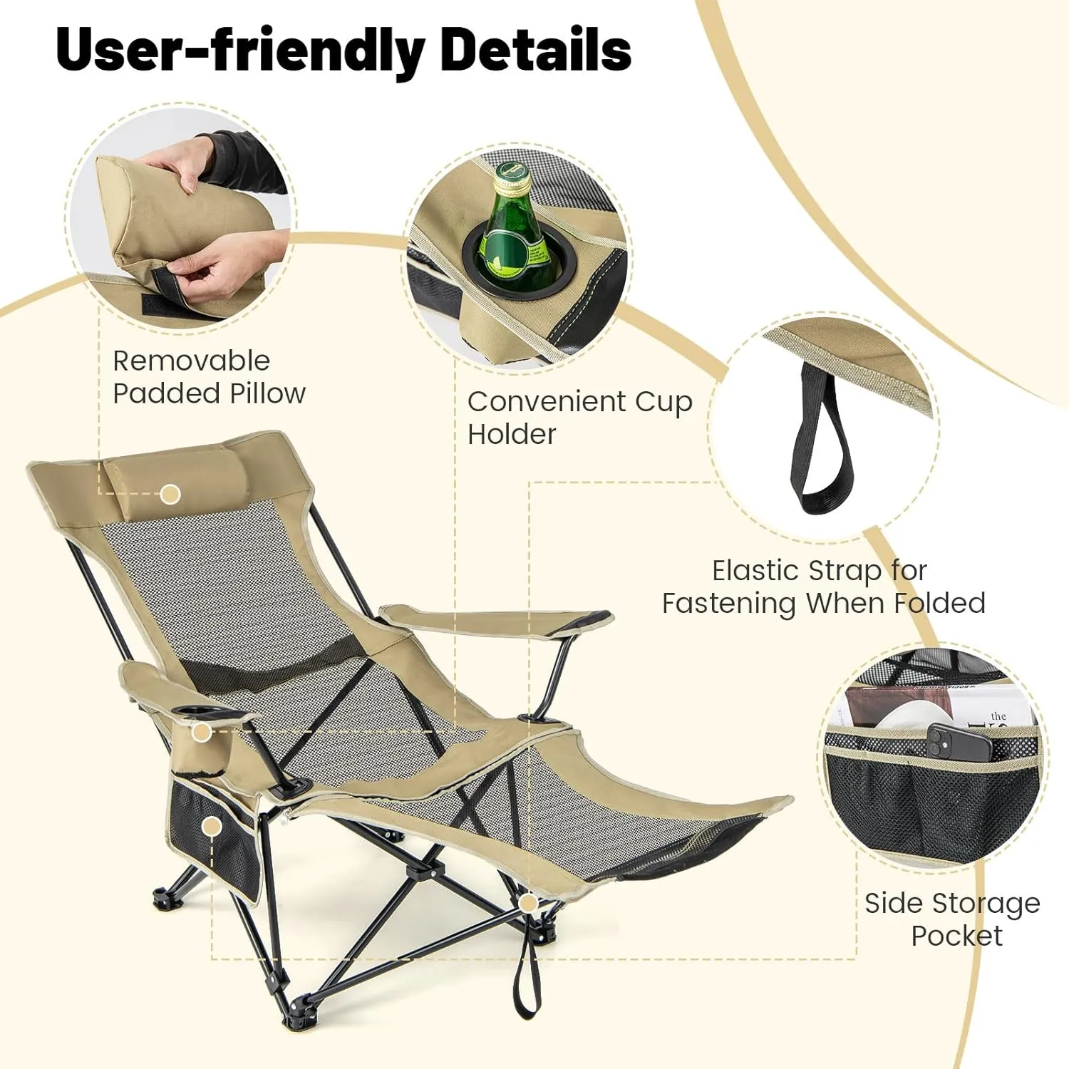 GYMAX Camping Chair, Adjustable Reclining Lounge Chair w/Removable Footrest, Padded Pillow, Cup Holder & Side Pocket, Folding Camping Mesh Chair w/Carry Bag for Outdoor Patio Lakeside (1, Khaki)