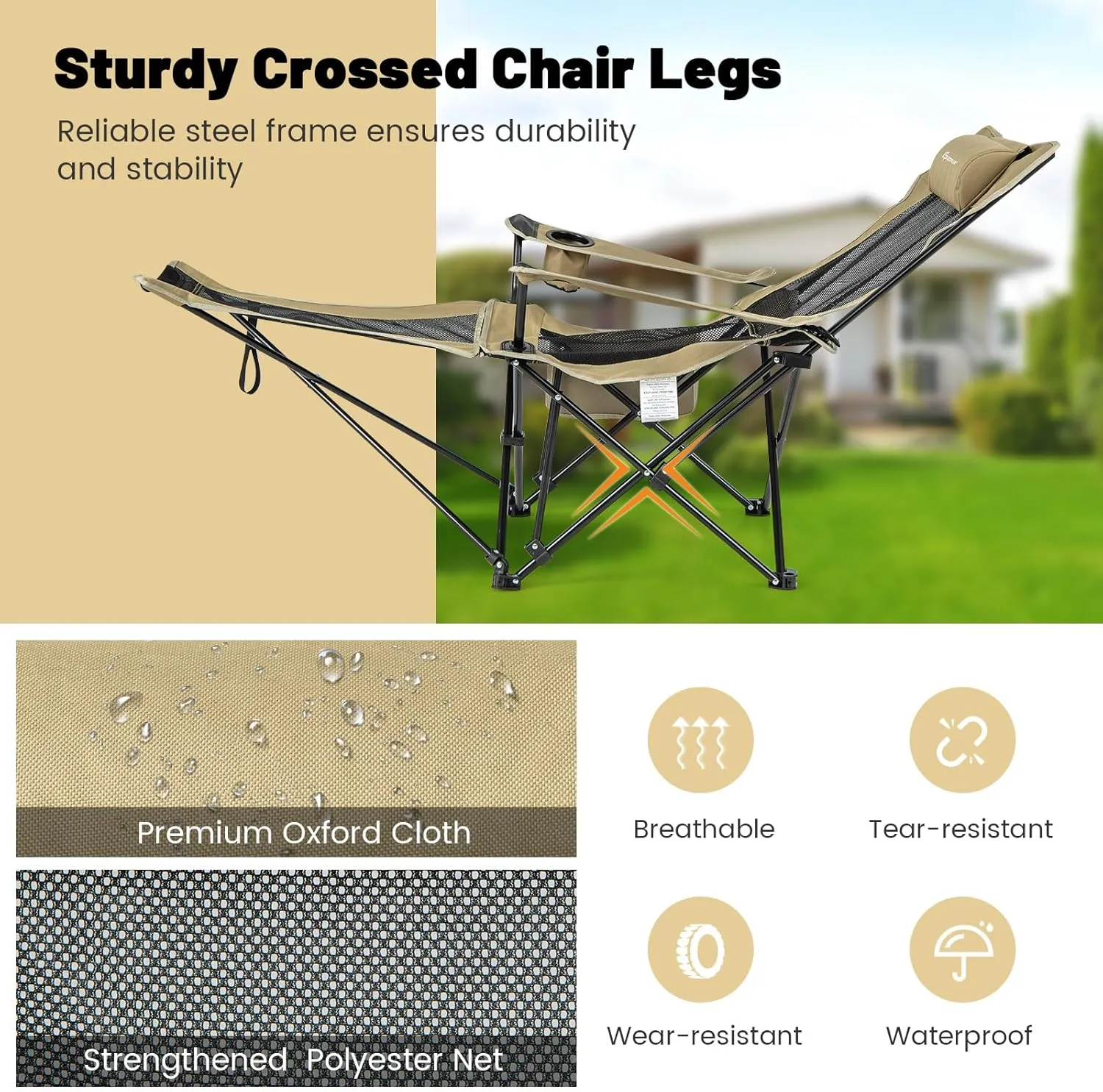 GYMAX Camping Chair, Adjustable Reclining Lounge Chair w/Removable Footrest, Padded Pillow, Cup Holder & Side Pocket, Folding Camping Mesh Chair w/Carry Bag for Outdoor Patio Lakeside (1, Khaki)