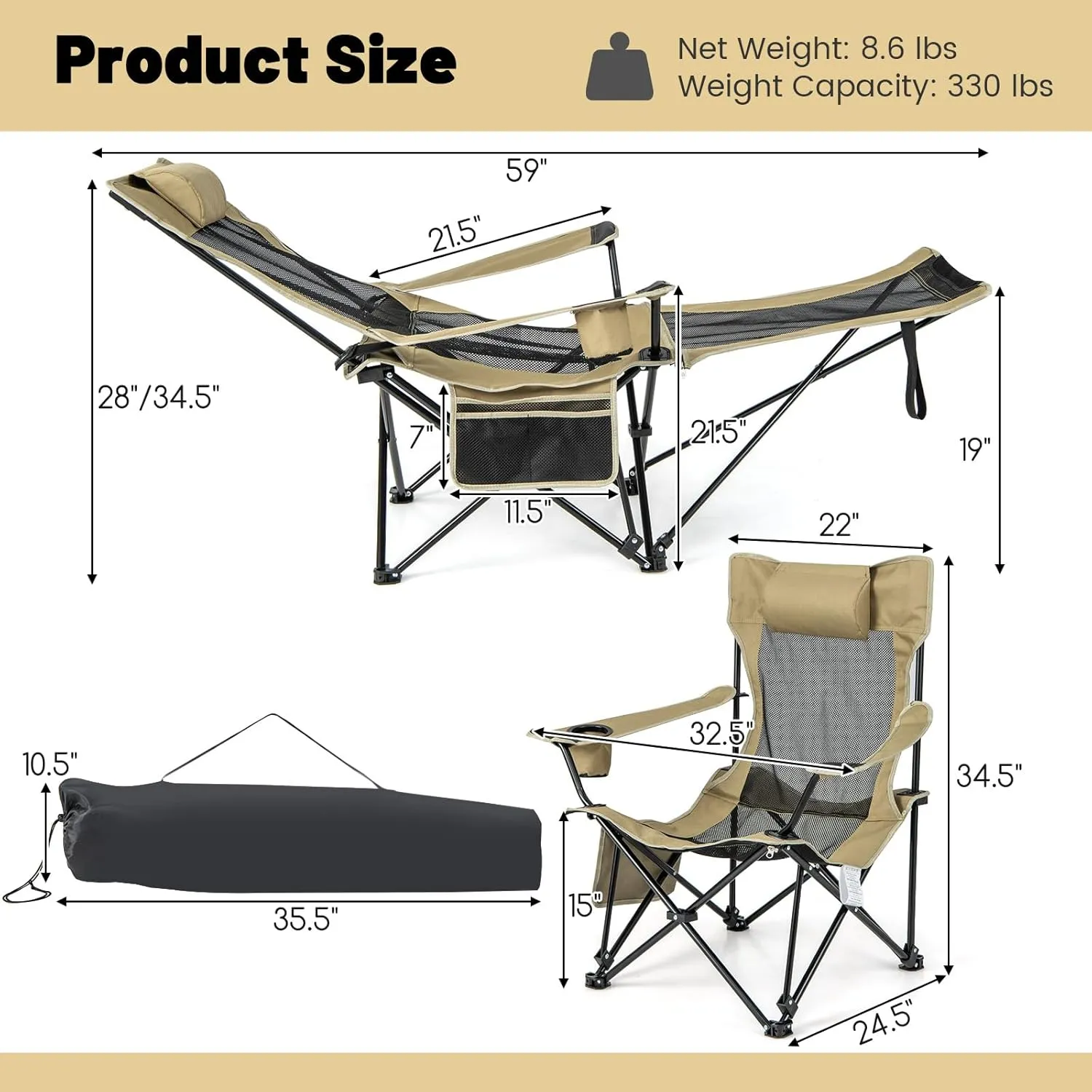 GYMAX Camping Chair, Adjustable Reclining Lounge Chair w/Removable Footrest, Padded Pillow, Cup Holder & Side Pocket, Folding Camping Mesh Chair w/Carry Bag for Outdoor Patio Lakeside (1, Khaki)