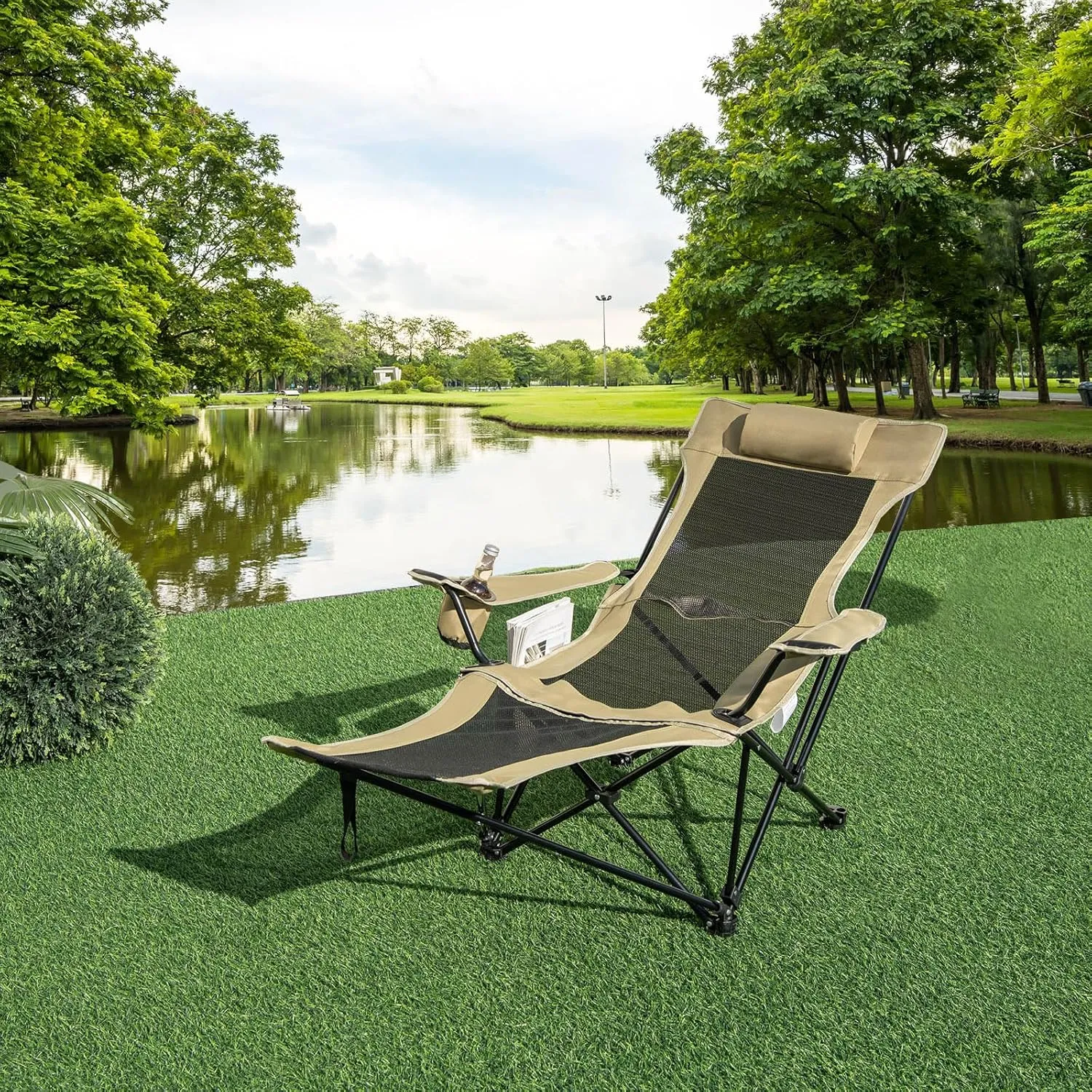 GYMAX Camping Chair, Adjustable Reclining Lounge Chair w/Removable Footrest, Padded Pillow, Cup Holder & Side Pocket, Folding Camping Mesh Chair w/Carry Bag for Outdoor Patio Lakeside (1, Khaki)
