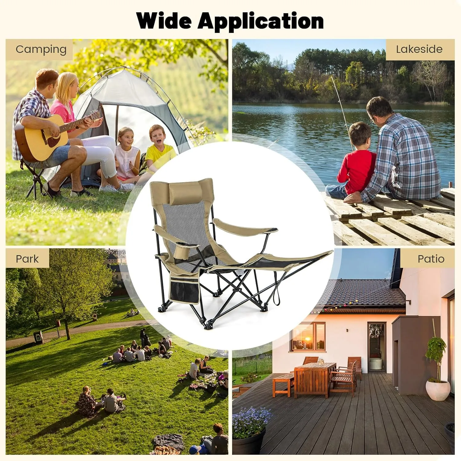GYMAX Camping Chair, Adjustable Reclining Lounge Chair w/Removable Footrest, Padded Pillow, Cup Holder & Side Pocket, Folding Camping Mesh Chair w/Carry Bag for Outdoor Patio Lakeside (1, Khaki)