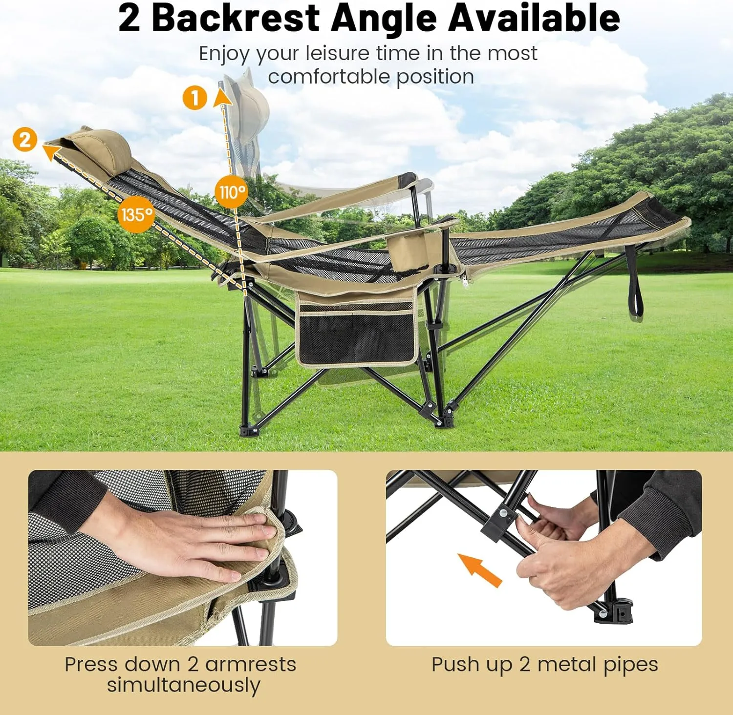 GYMAX Camping Chair, Adjustable Reclining Lounge Chair w/Removable Footrest, Padded Pillow, Cup Holder & Side Pocket, Folding Camping Mesh Chair w/Carry Bag for Outdoor Patio Lakeside (1, Khaki)