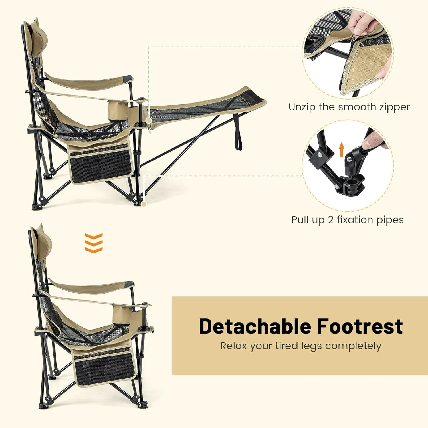 GYMAX Camping Chair, Adjustable Reclining Lounge Chair w/Removable Footrest, Padded Pillow, Cup Holder & Side Pocket, Folding Camping Mesh Chair w/Carry Bag for Outdoor Patio Lakeside (1, Khaki)
