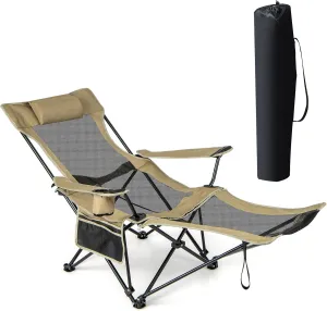 GYMAX Camping Chair, Adjustable Reclining Lounge Chair w/Removable Footrest, Padded Pillow, Cup Holder & Side Pocket, Folding Camping Mesh Chair w/Carry Bag for Outdoor Patio Lakeside (1, Khaki)